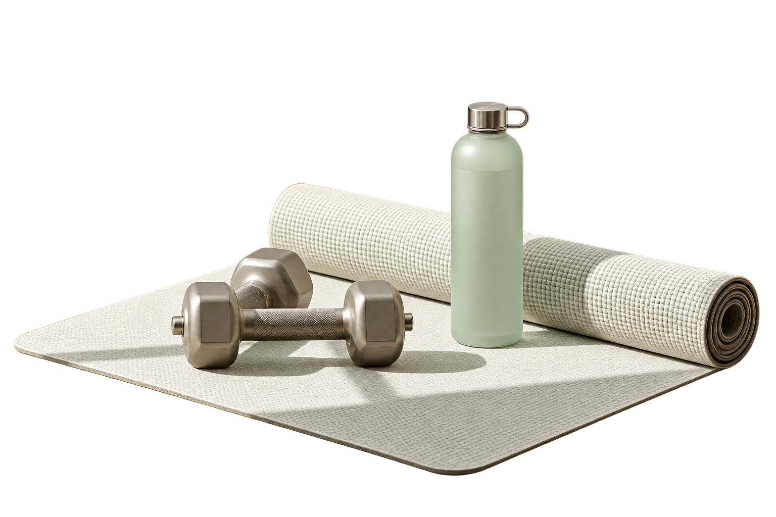 Tapete de yoga, pesas y botella para wellness